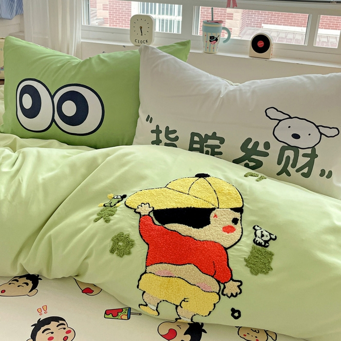 91家纺网 家纺一手货源 找家纺 一霖家纺 2026正版蜡笔小新高克重云朵毛巾绣数码枕套系列四件套热推款第二波蜡笔小新集合控 洒脱的新新