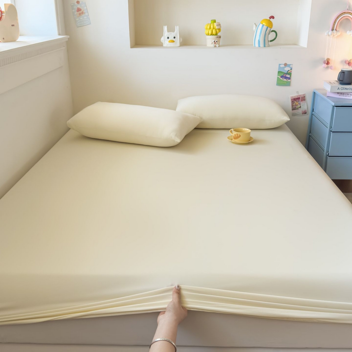 91家纺网 家纺一手货源 找家纺 大吉 2026新款纯色锦氨系列单床笠 奶油白