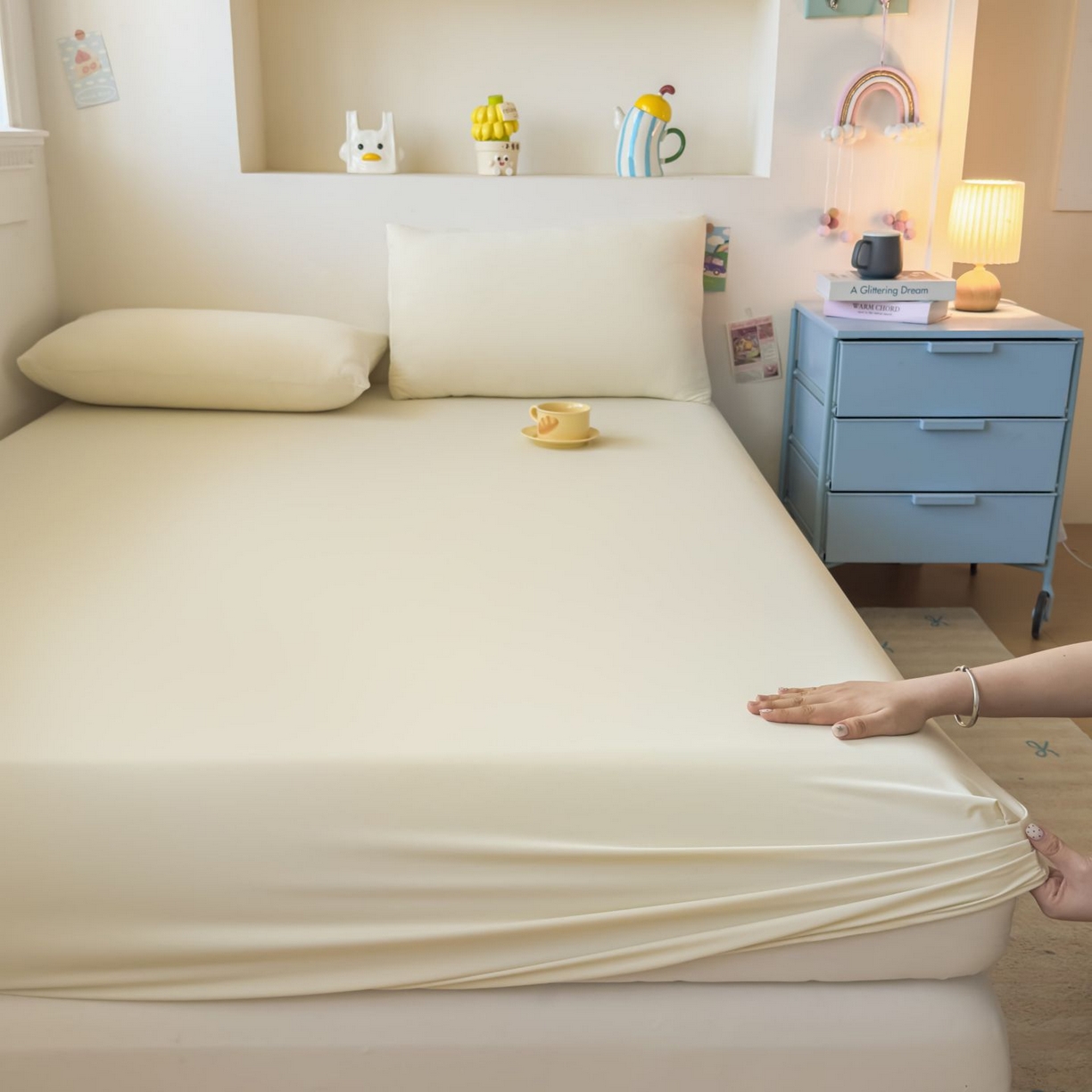 91家纺网 家纺一手货源 找家纺 大吉 2026新款纯色锦氨系列单床笠 奶油白