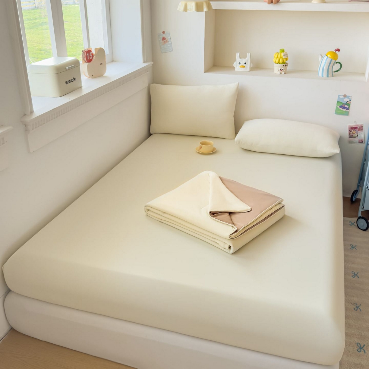 91家纺网 家纺一手货源 找家纺 大吉 2026新款纯色锦氨系列单床笠 奶油白