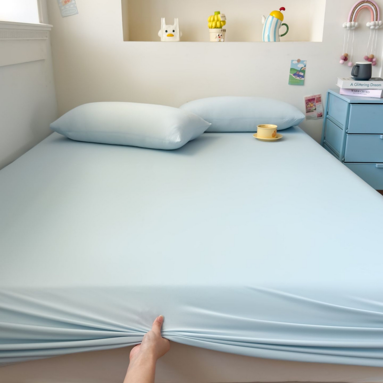 91家纺网 家纺一手货源 找家纺 大吉 2026新款纯色锦氨系列单床笠 天空蓝