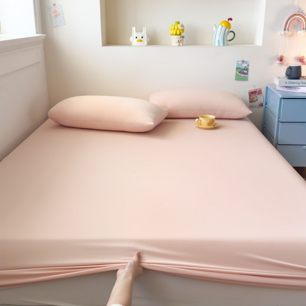 91家纺网 家纺一手货源 找家纺 大吉 2026新款纯色锦氨系列单床笠 荔枝粉