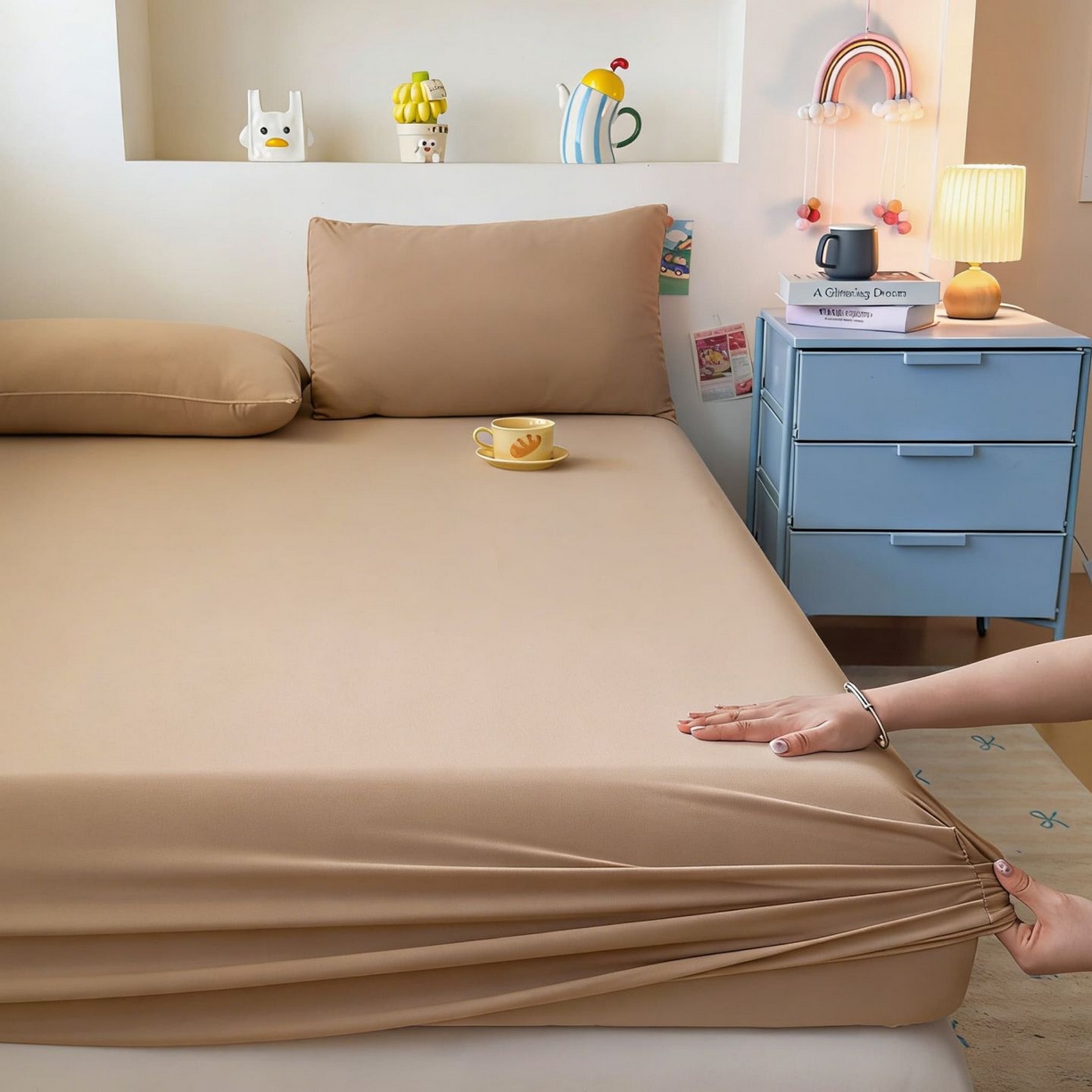 91家纺网 家纺一手货源 找家纺 大吉 2026新款纯色锦氨系列单床笠 摩卡咖