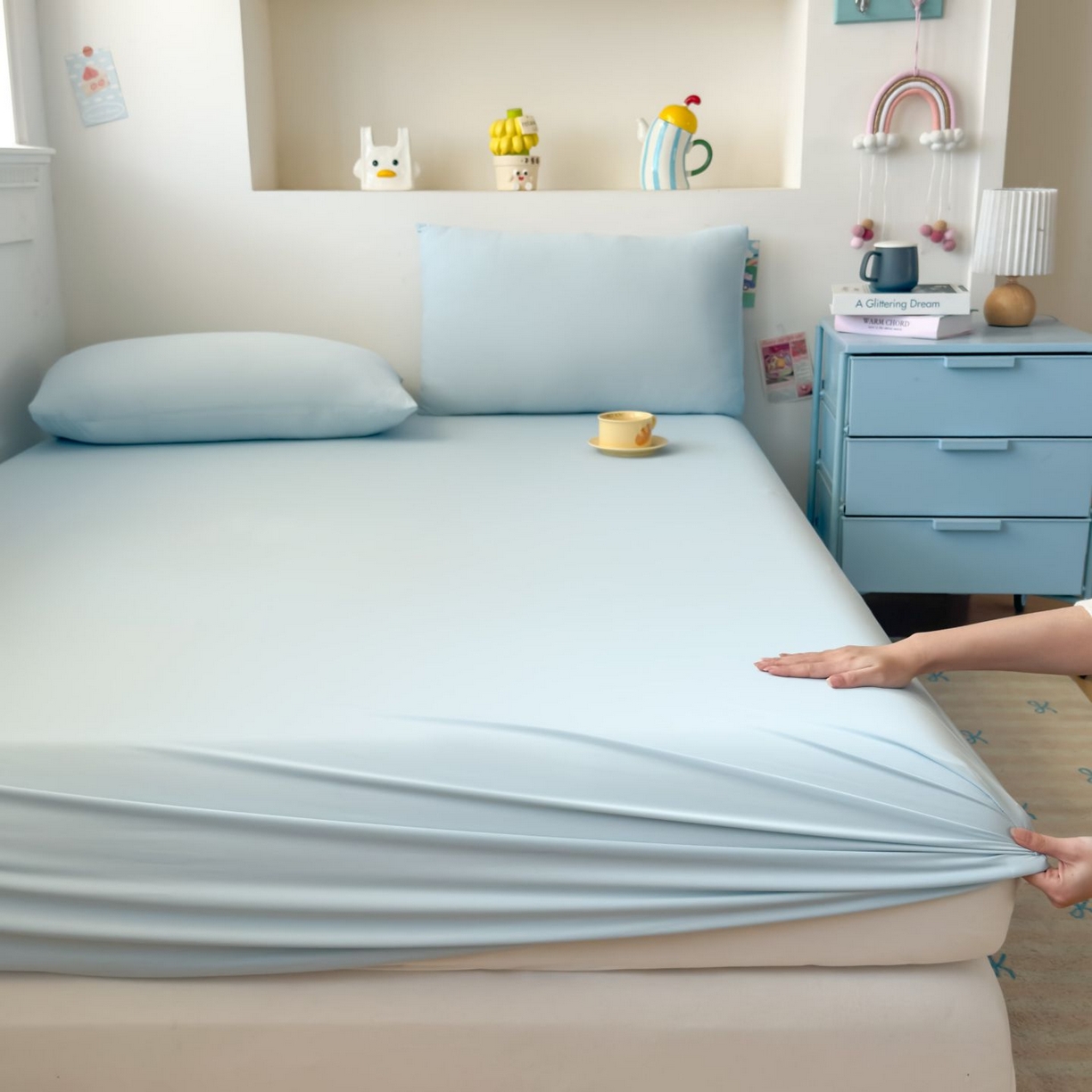 91家纺网 家纺一手货源 找家纺 大吉 2026新款纯色锦氨系列单床笠 天空蓝