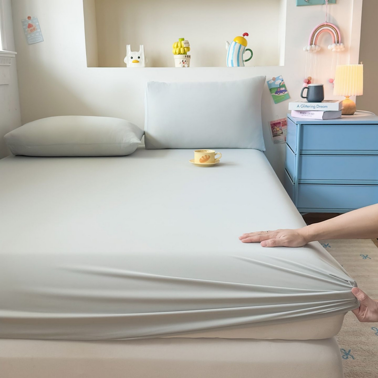 91家纺网 家纺一手货源 找家纺 大吉 2026新款纯色锦氨系列单床笠 雪绒灰