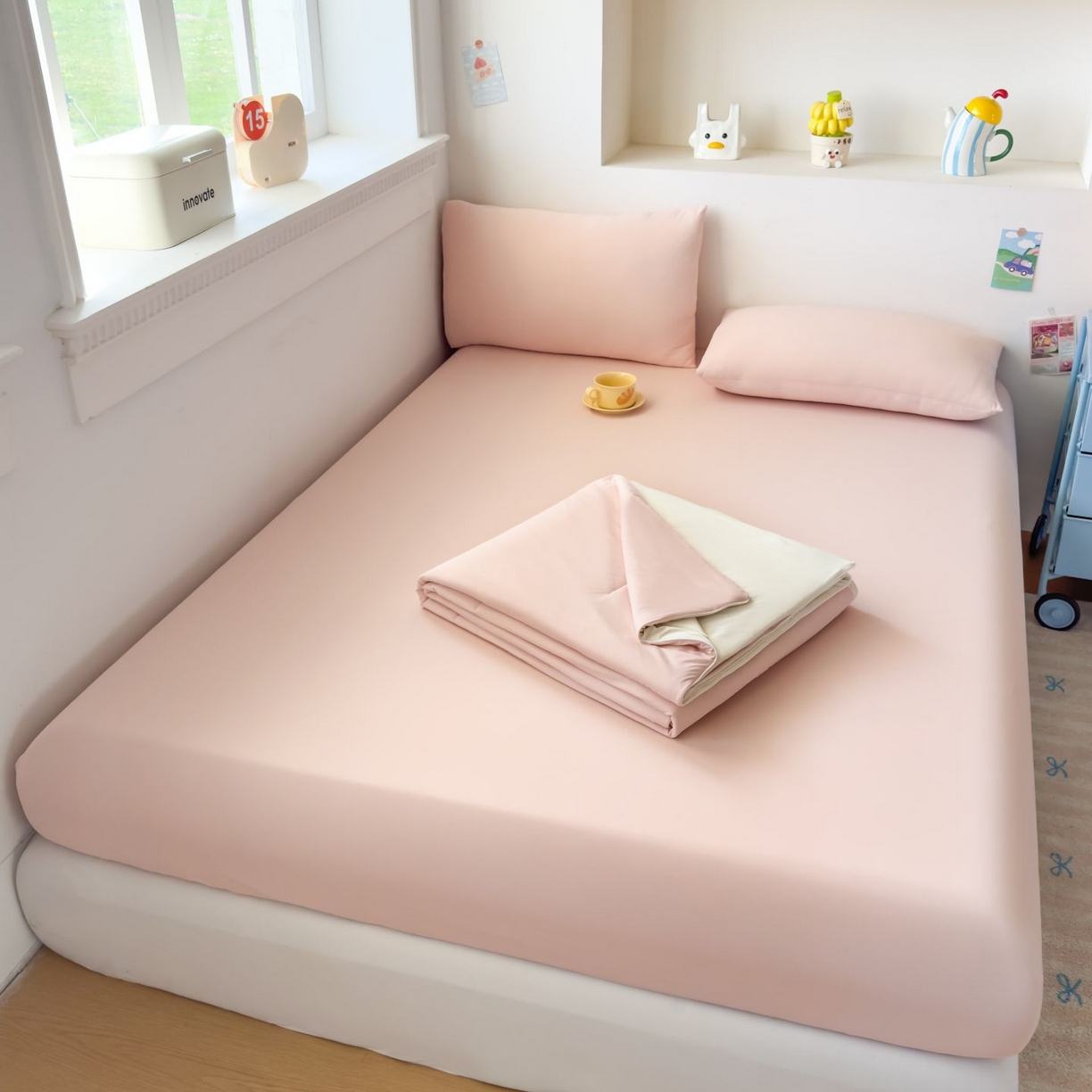 91家纺网 家纺一手货源 找家纺 大吉 2026新款纯色锦氨系列单床笠 荔枝粉