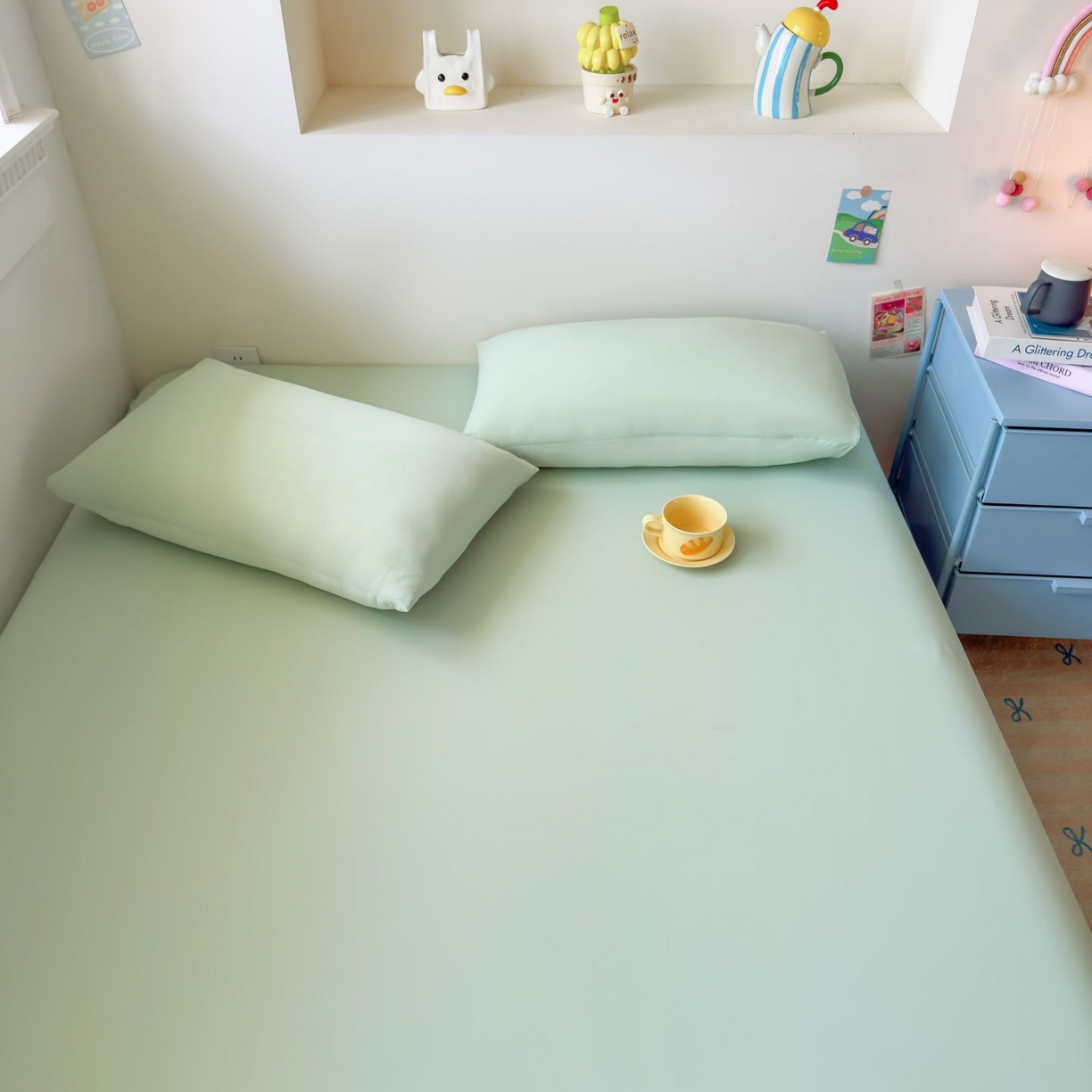 91家纺网 家纺一手货源 找家纺 大吉 2026新款纯色锦氨系列单床笠 薄荷绿