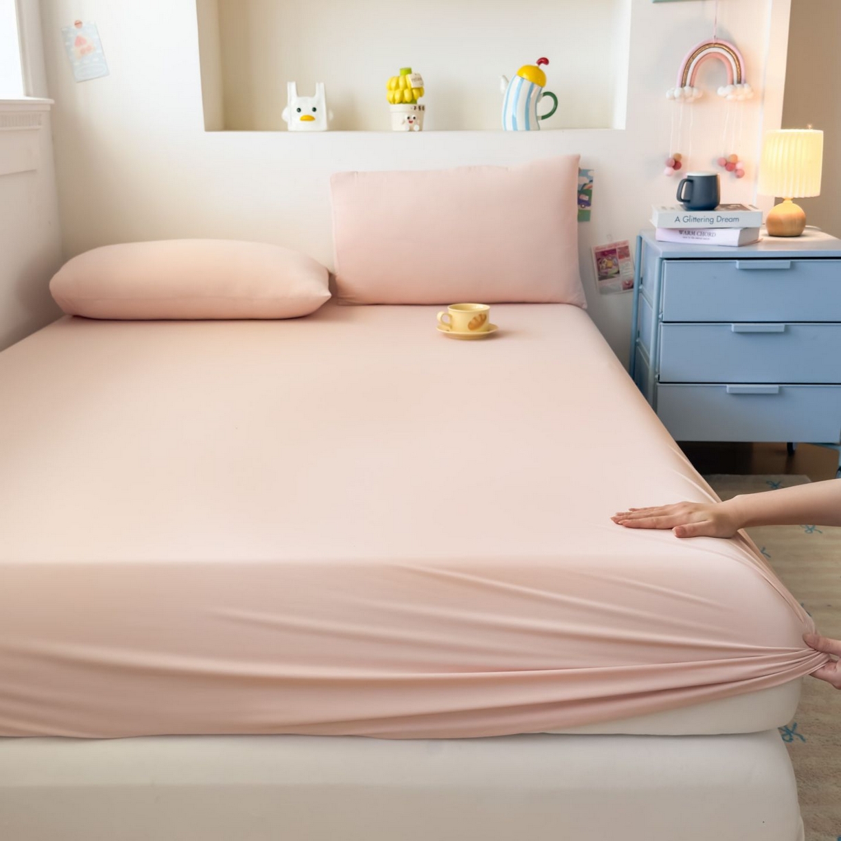 91家纺网 家纺一手货源 找家纺 大吉 2026新款纯色锦氨系列单床笠 荔枝粉