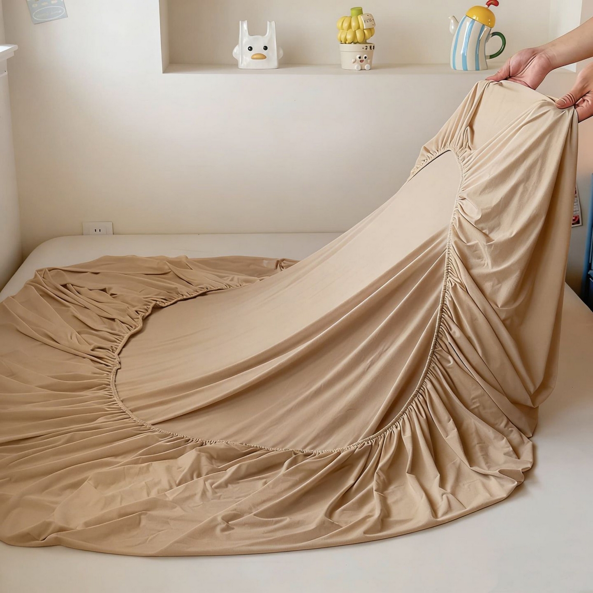 91家纺网 家纺一手货源 找家纺 大吉 2026新款纯色锦氨系列单床笠 摩卡咖