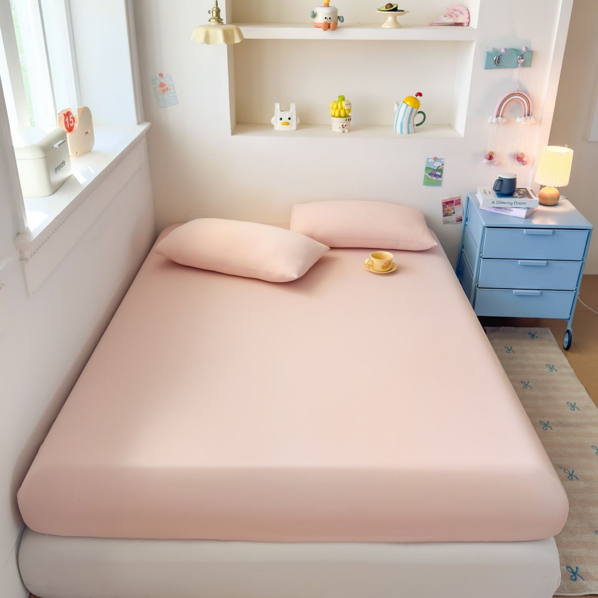 91家纺网 家纺一手货源 找家纺 大吉 2026新款纯色锦氨系列单床笠 荔枝粉