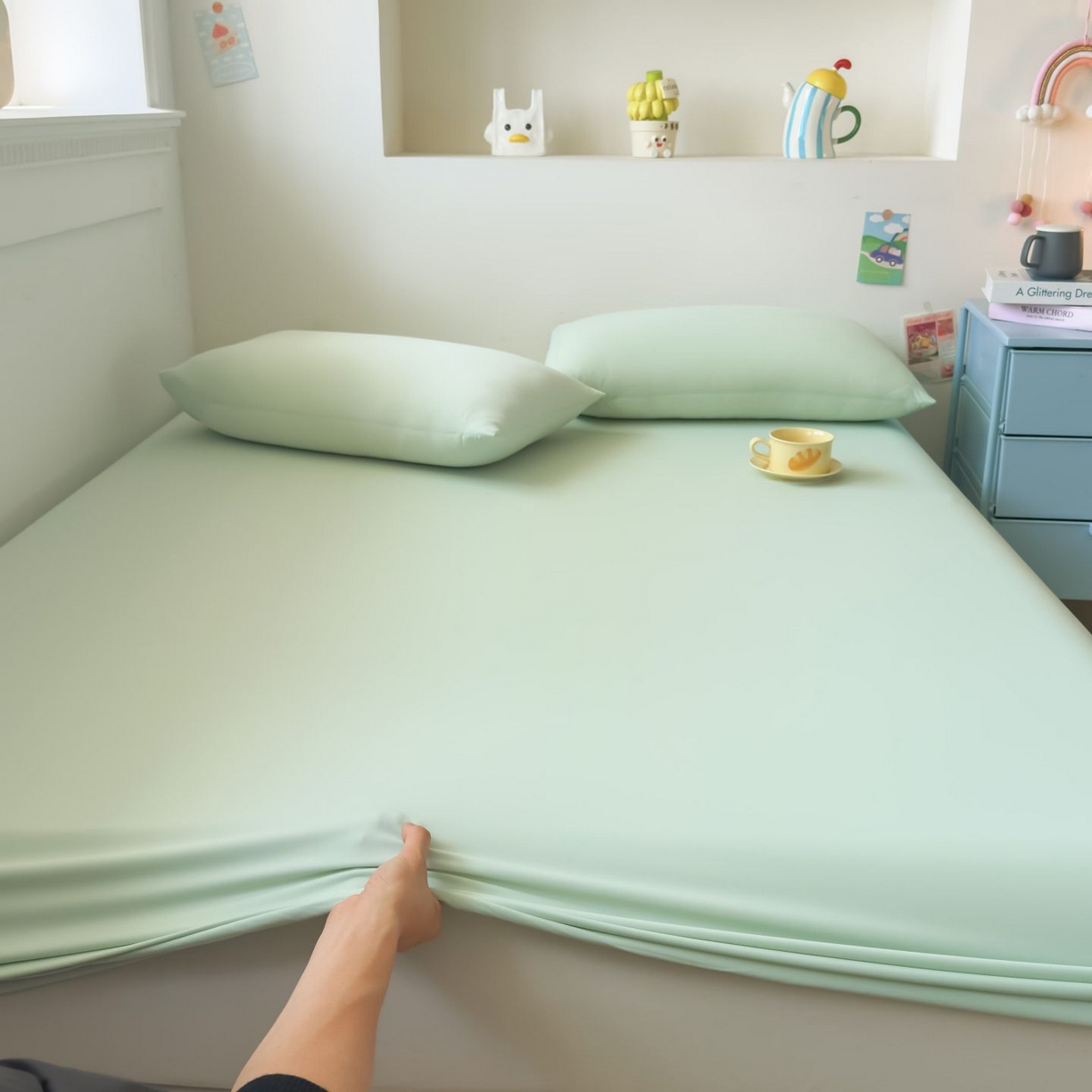 91家纺网 家纺一手货源 找家纺 大吉 2026新款纯色锦氨系列单床笠 薄荷绿