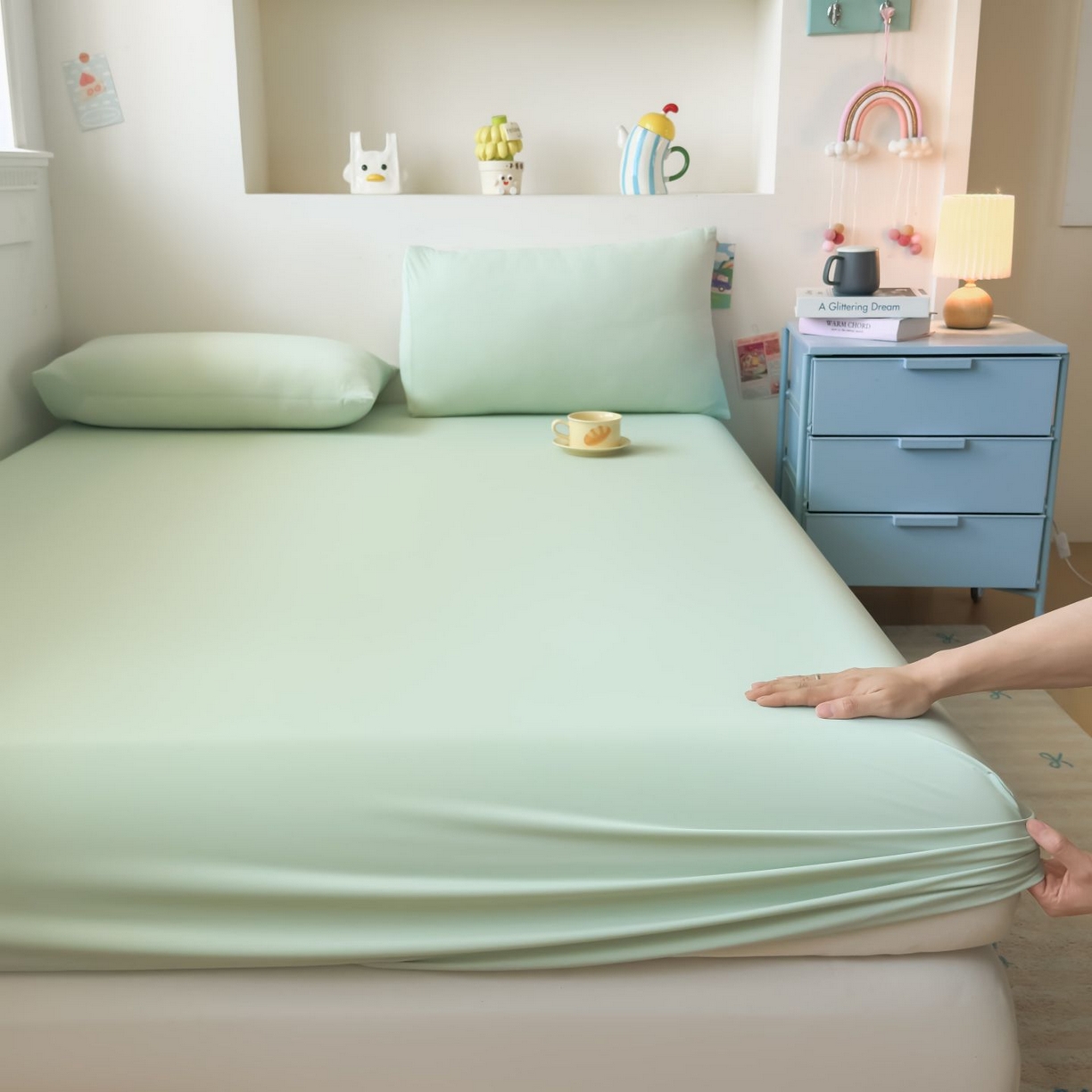 91家纺网 家纺一手货源 找家纺 大吉 2026新款纯色锦氨系列单床笠 薄荷绿