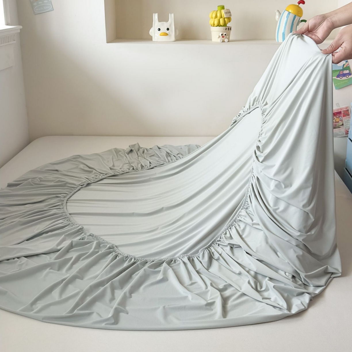 91家纺网 家纺一手货源 找家纺 大吉 2026新款纯色锦氨系列单床笠 雪绒灰