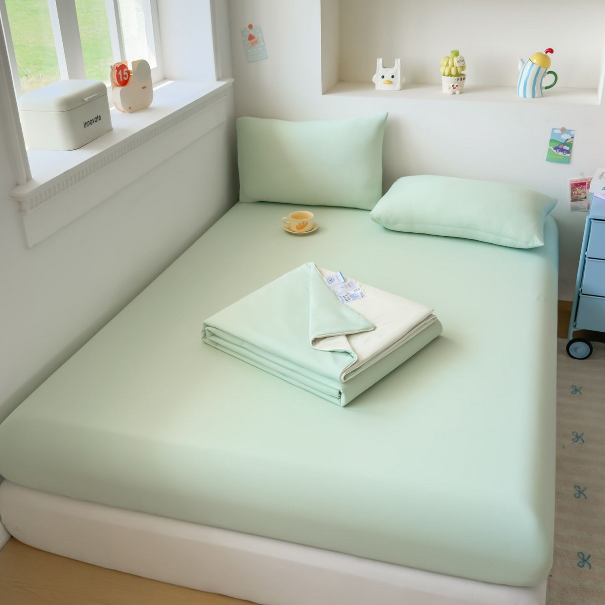 91家纺网 家纺一手货源 找家纺 大吉 2026新款纯色锦氨系列单床笠 薄荷绿