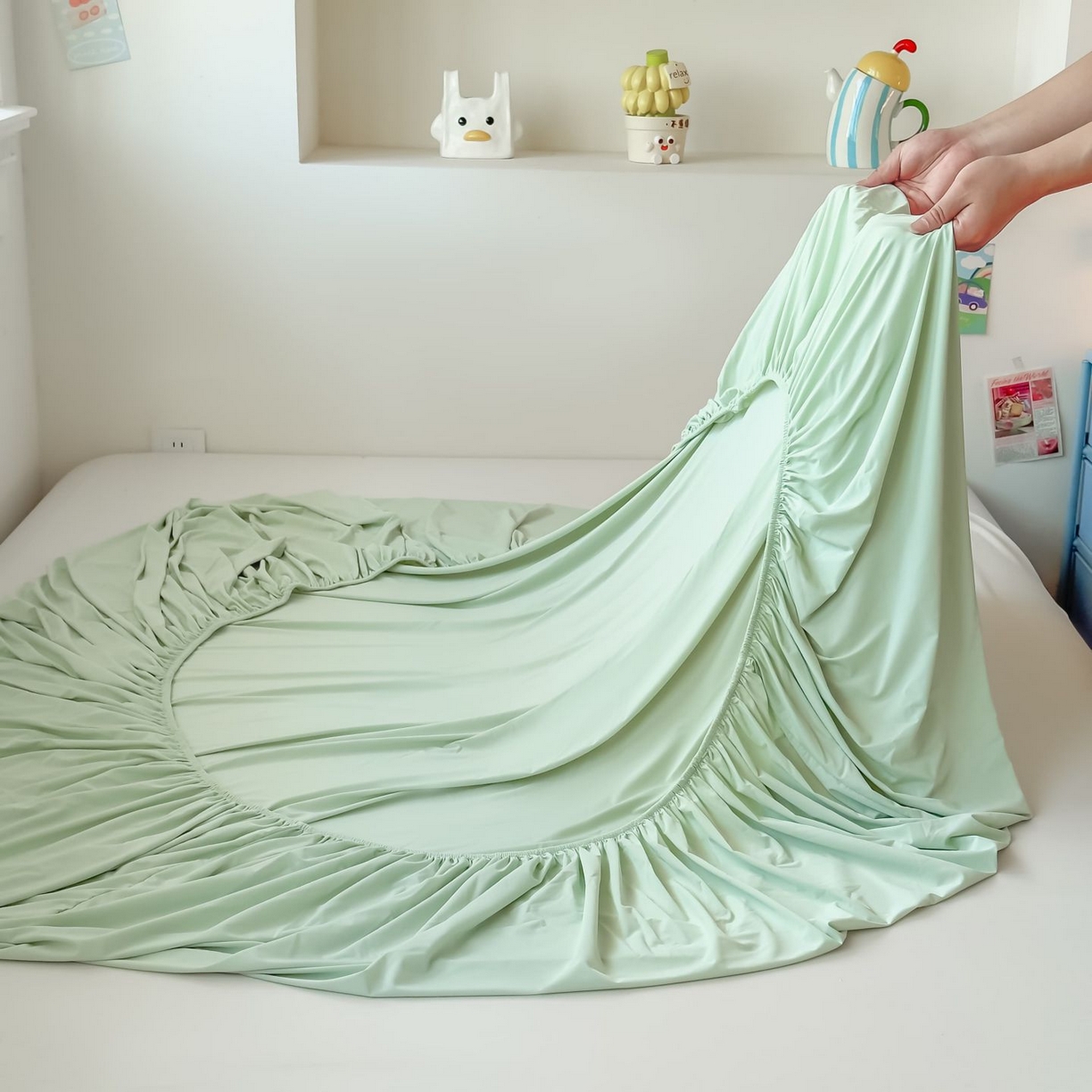 91家纺网 家纺一手货源 找家纺 大吉 2026新款纯色锦氨系列单床笠 薄荷绿