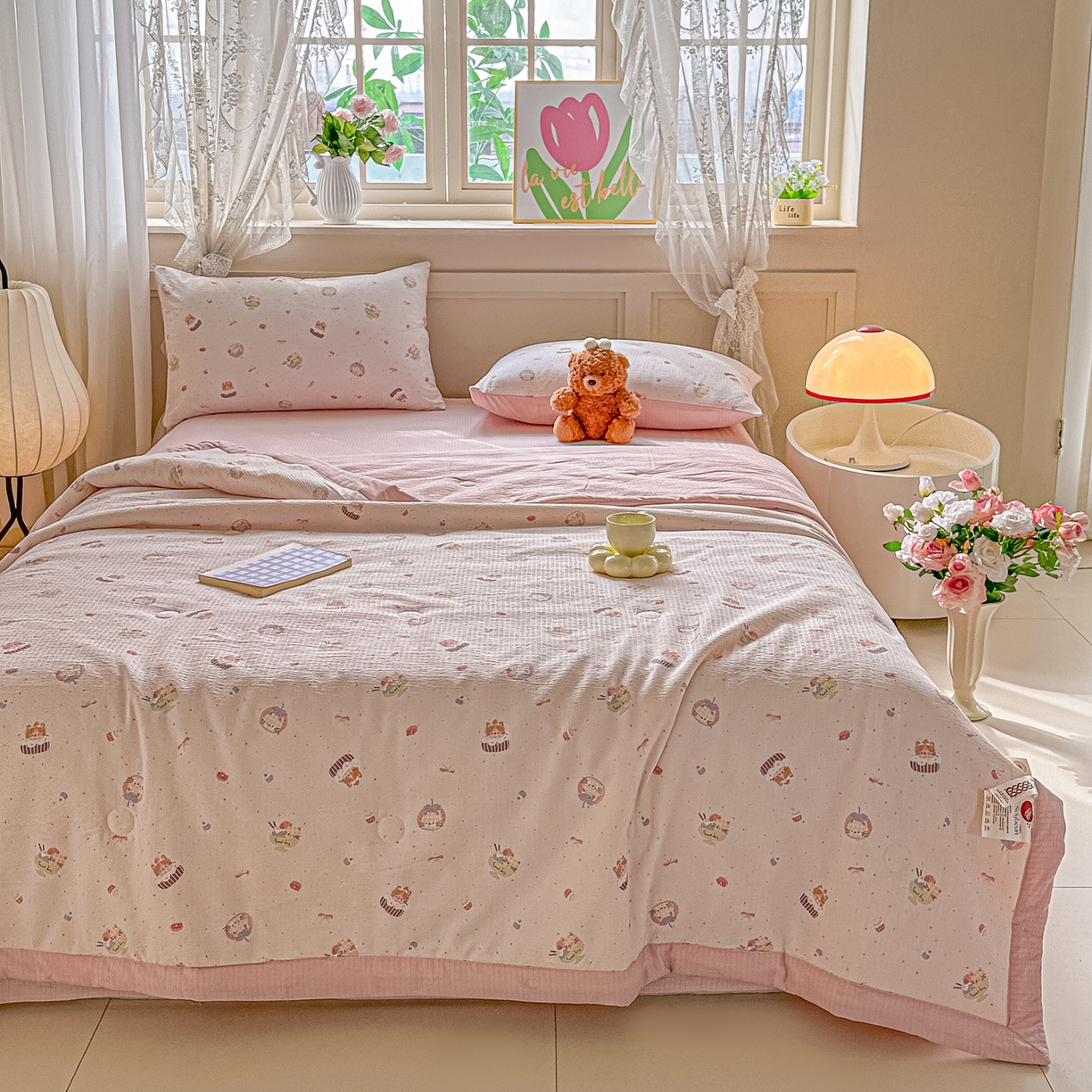 91家纺网 家纺一手货源 找家纺 晓时候 2026新款皱皱纱大豆夏被夏凉被空调被 奶糯粉喵