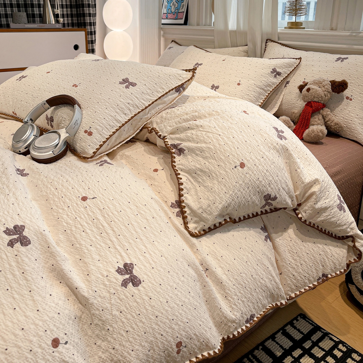 91家纺网 家纺一手货源 找家纺 瑞禾家纺（原阿亮） 2026新款云感泡芙棉小清新印花贝壳边四件套 樱桃波点