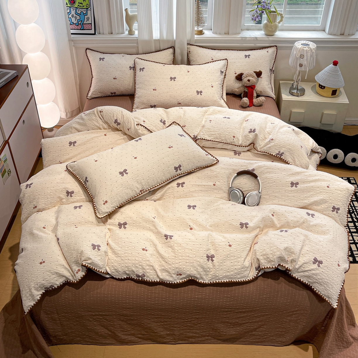 91家纺网 家纺一手货源 找家纺 瑞禾家纺（原阿亮） 2026新款云感泡芙棉小清新印花贝壳边四件套 樱桃波点