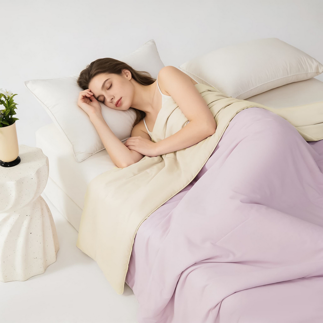 91家纺网 家纺一手货源 找家纺 大吉 2026新款纯色锦氨系列夏被被子被芯 紫+奶白