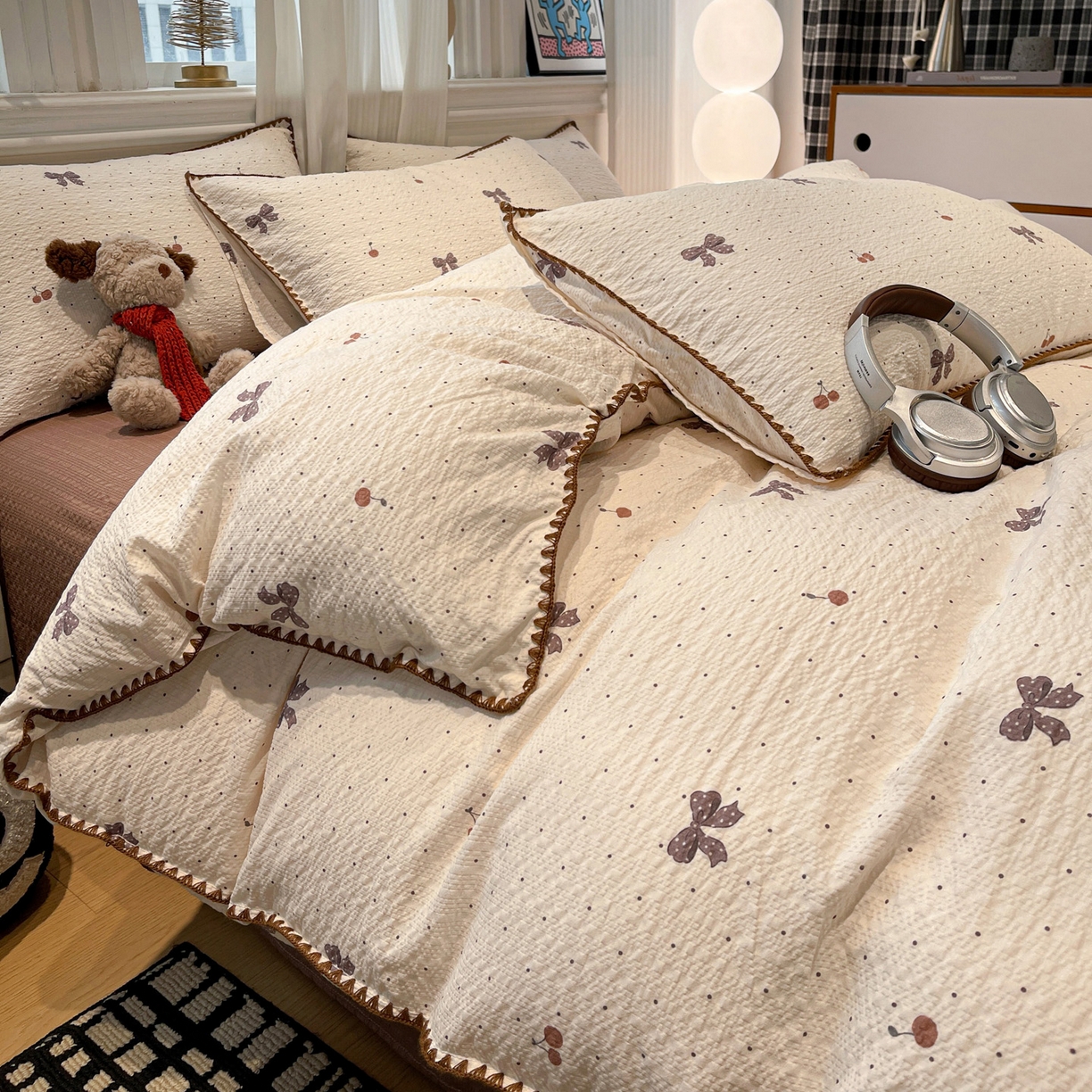 91家纺网 家纺一手货源 找家纺 瑞禾家纺（原阿亮） 2026新款云感泡芙棉小清新印花贝壳边四件套 樱桃波点