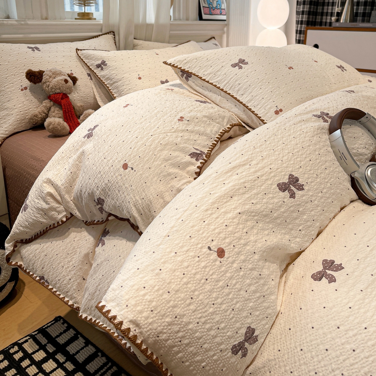 91家纺网 家纺一手货源 找家纺 瑞禾家纺（原阿亮） 2026新款云感泡芙棉小清新印花贝壳边四件套 樱桃波点