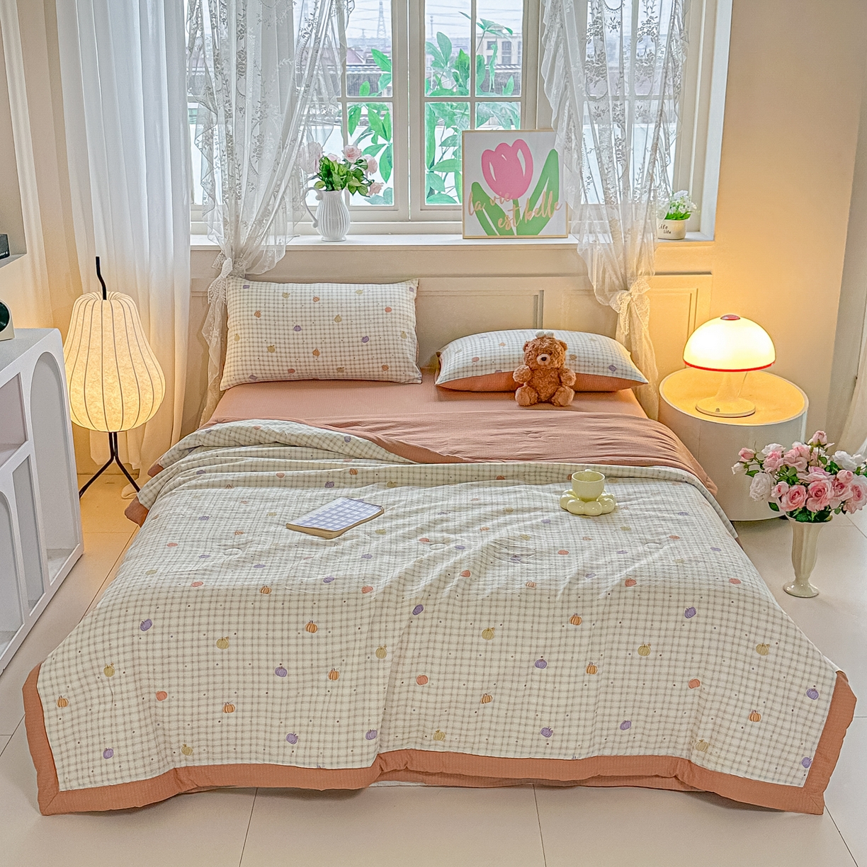 91家纺网 家纺一手货源 找家纺 晓时候 2026新款皱皱纱大豆夏被夏凉被空调被 南瓜小格