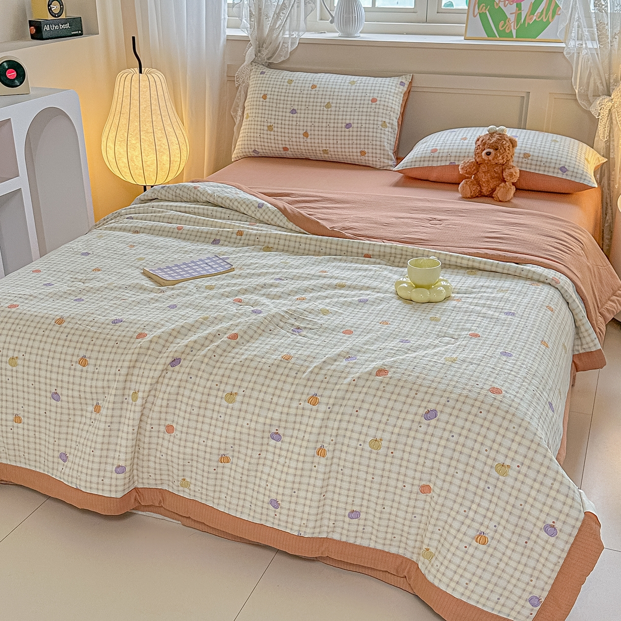 91家纺网 家纺一手货源 找家纺 晓时候 2026新款皱皱纱大豆夏被夏凉被空调被 南瓜小格