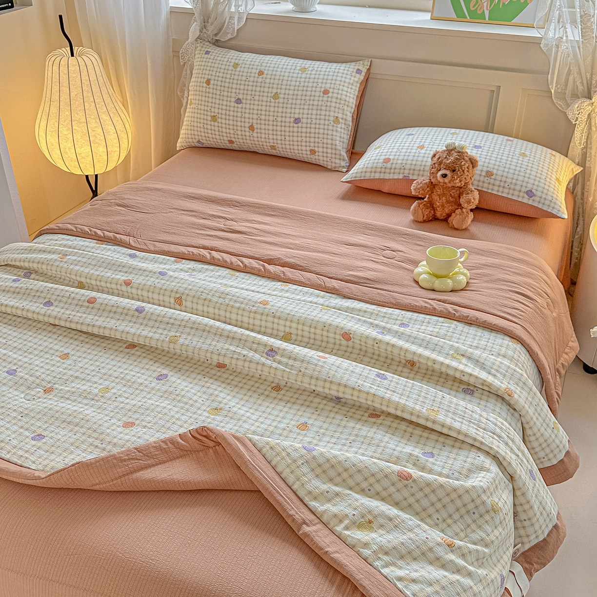 91家纺网 家纺一手货源 找家纺 晓时候 2026新款皱皱纱大豆夏被夏凉被空调被 南瓜小格