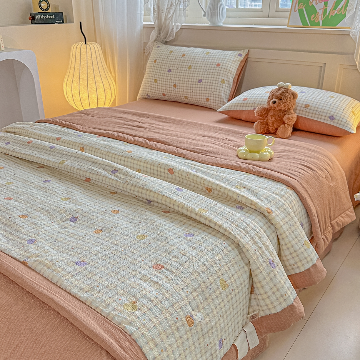 91家纺网 家纺一手货源 找家纺 晓时候 2026新款皱皱纱大豆夏被夏凉被空调被 南瓜小格