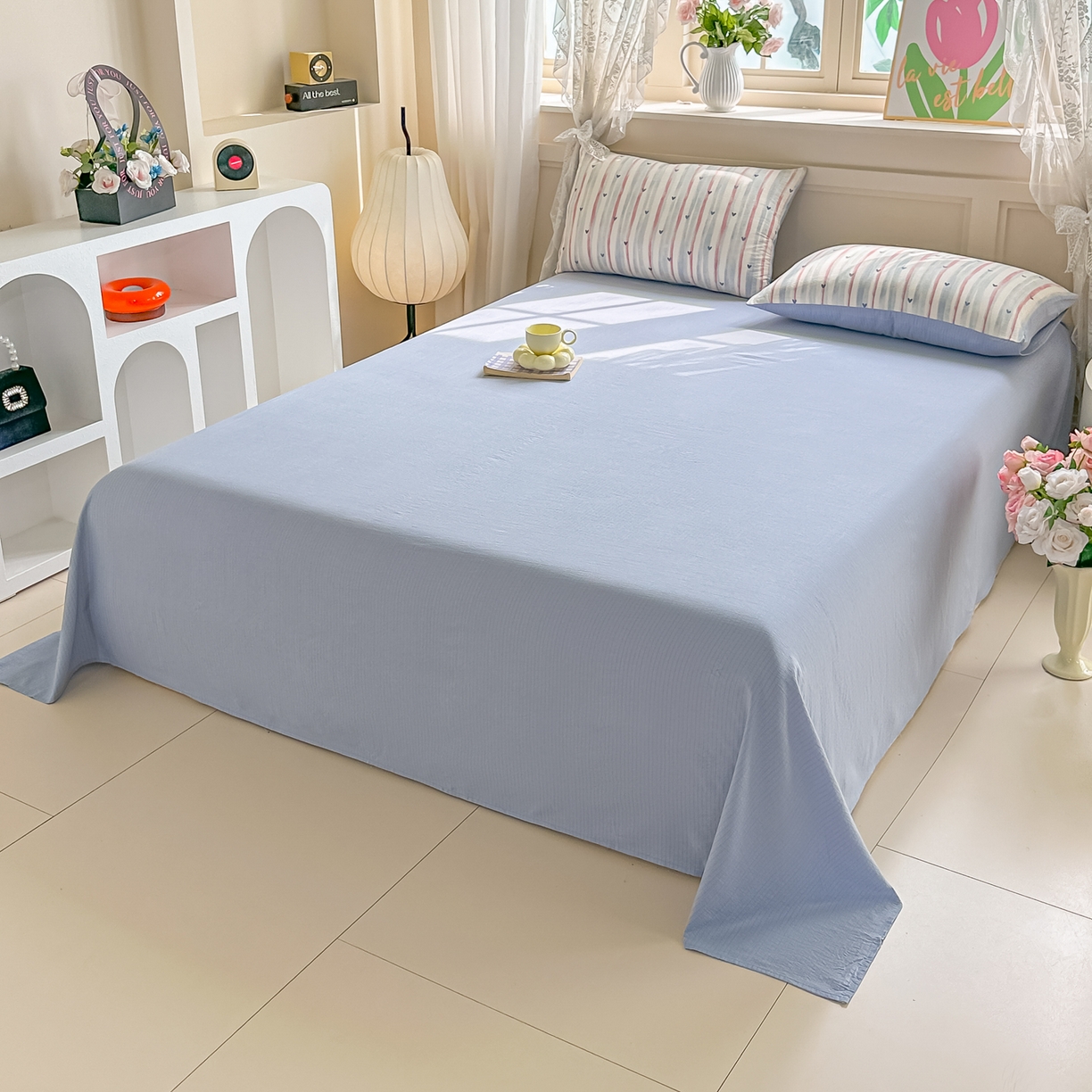 91家纺网 家纺一手货源 找家纺 晓时候 2026新款皱皱纱大豆夏被夏凉被空调被 桃心条纹