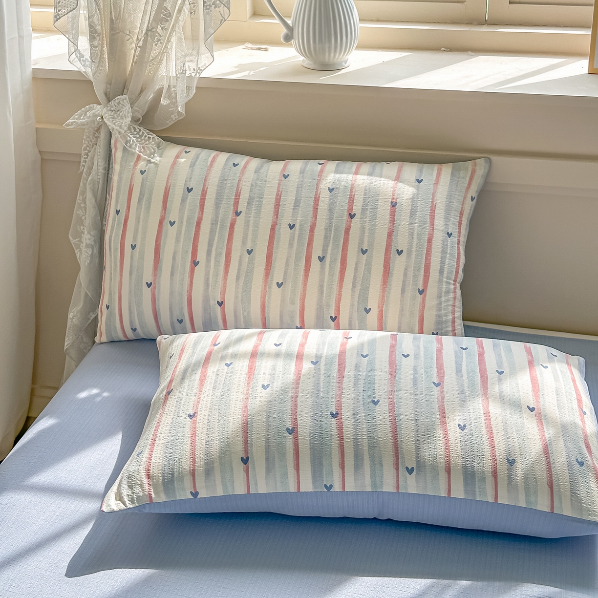 91家纺网 家纺一手货源 找家纺 晓时候 2026新款皱皱纱大豆夏被夏凉被空调被 桃心条纹