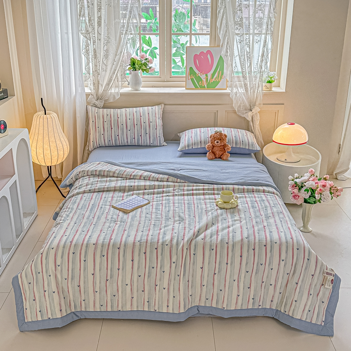 91家纺网 家纺一手货源 找家纺 晓时候 2026新款皱皱纱大豆夏被夏凉被空调被 桃心条纹