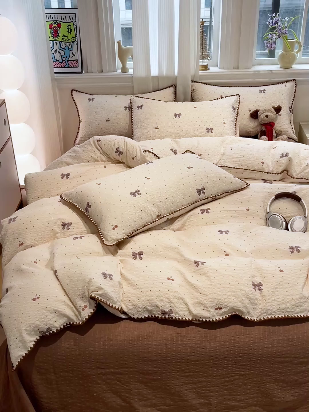 91家纺网 家纺一手货源 找家纺 瑞禾家纺（原阿亮） 2026新款云感泡芙棉小清新印花贝壳边四件套 樱桃波点