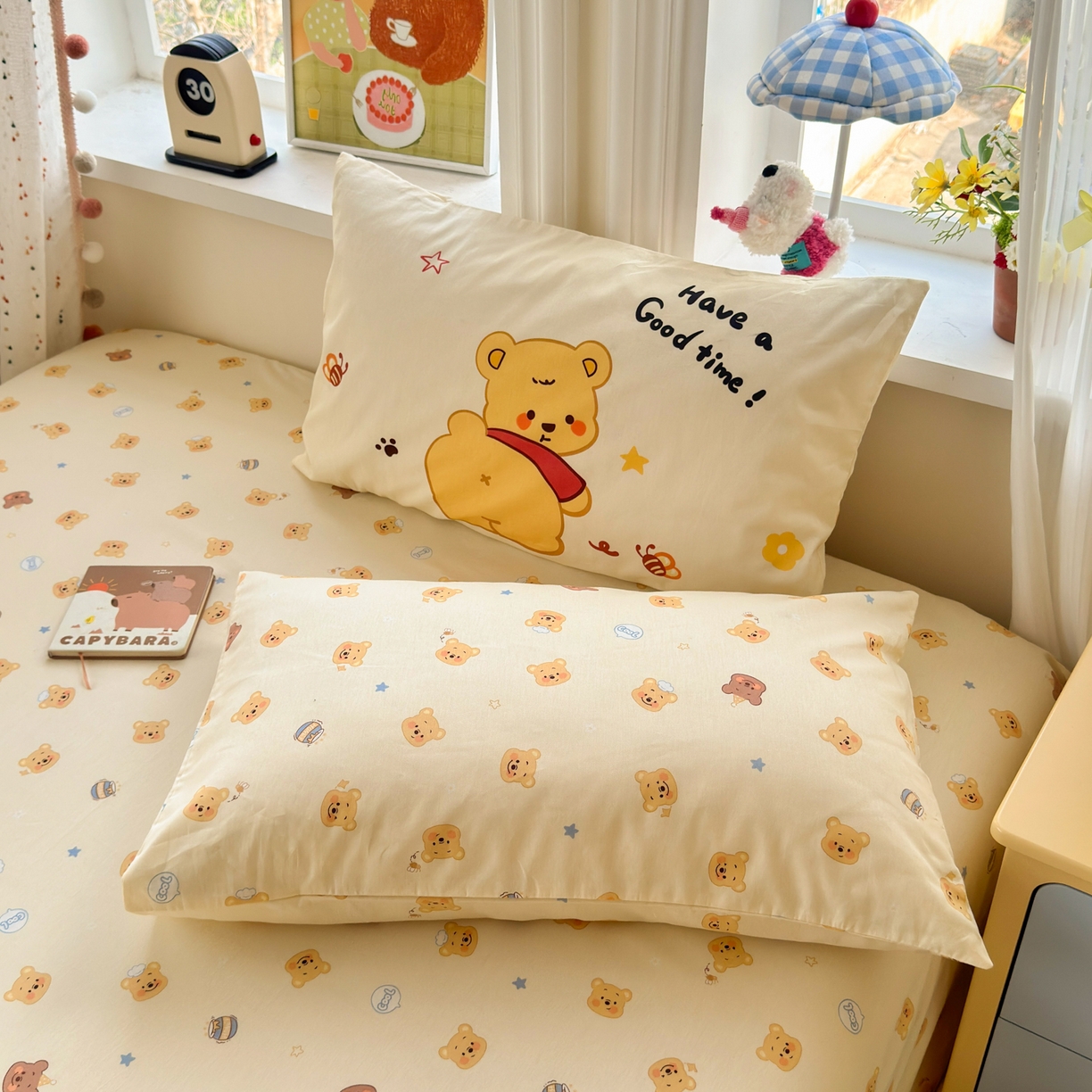 91家纺网 家纺一手货源 找家纺 乐童家纺 2026新款13370全棉纯棉毛巾绣呆萌系列四件套第二波 噗噗熊