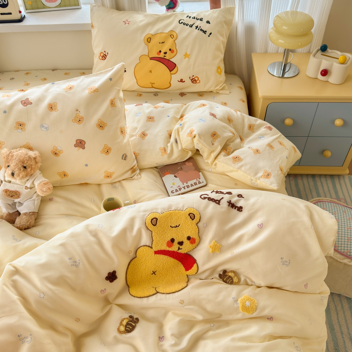 91家纺网 家纺一手货源 找家纺 乐童家纺 2026新款13370全棉纯棉毛巾绣呆萌系列四件套第二波 噗噗熊