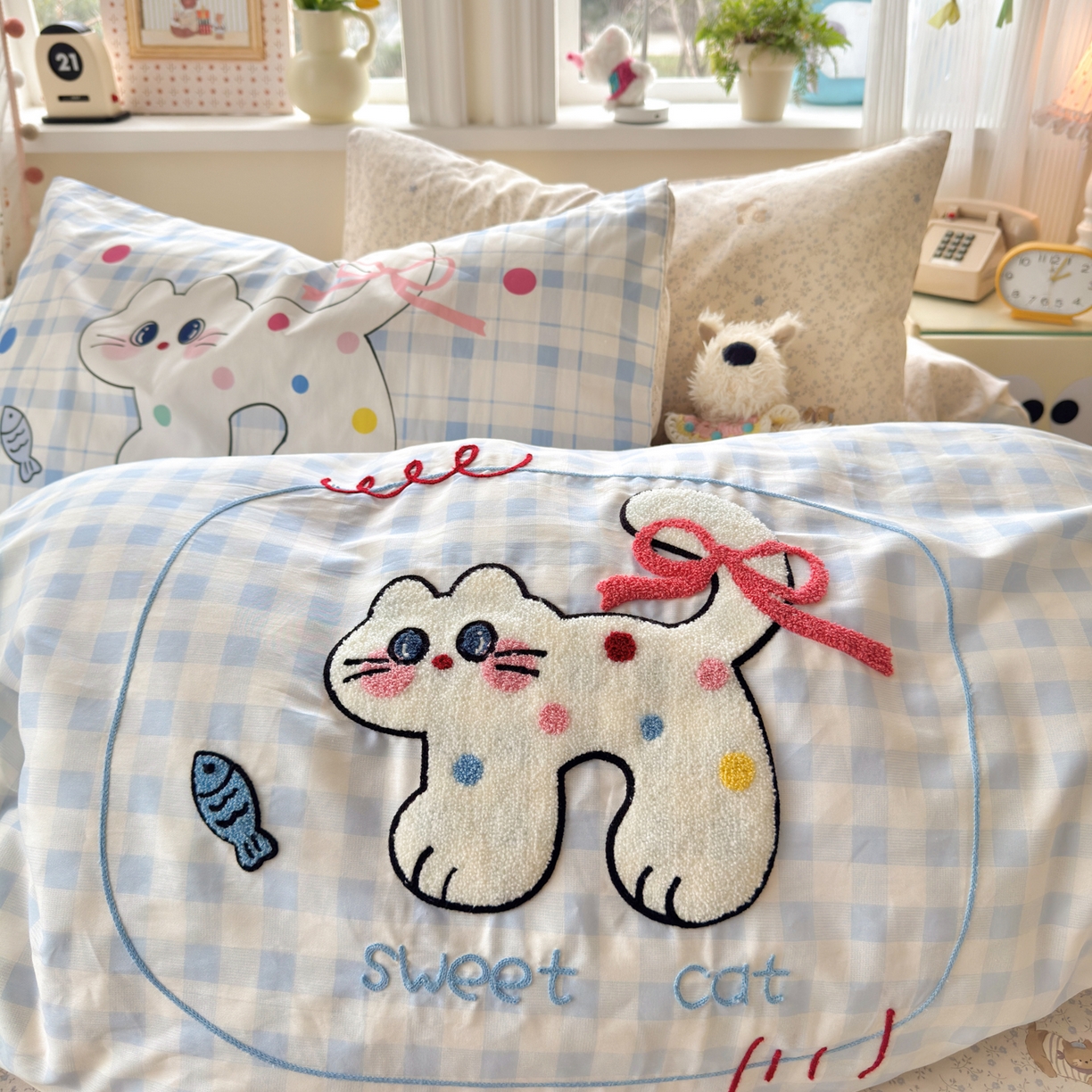 91家纺网 家纺一手货源 找家纺 乐童家纺 2026新款13370全棉纯棉毛巾绣呆萌系列四件套第二波 大眼萌猫