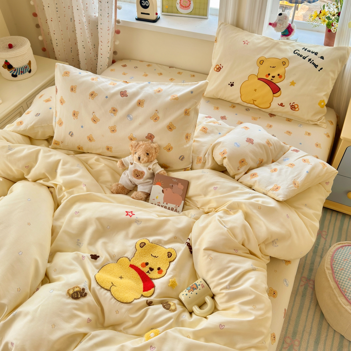 91家纺网 家纺一手货源 找家纺 乐童家纺 2026新款13370全棉纯棉毛巾绣呆萌系列四件套第二波 噗噗熊