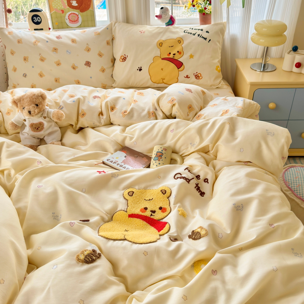 91家纺网 家纺一手货源 找家纺 乐童家纺 2026新款13370全棉纯棉毛巾绣呆萌系列四件套第二波 噗噗熊