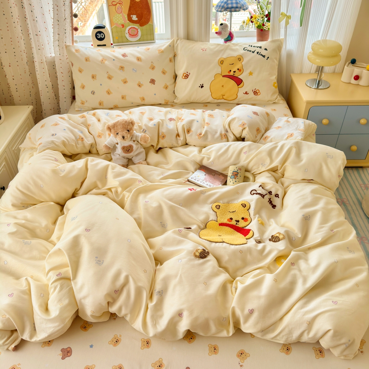 91家纺网 家纺一手货源 找家纺 乐童家纺 2026新款13370全棉纯棉毛巾绣呆萌系列四件套第二波 噗噗熊