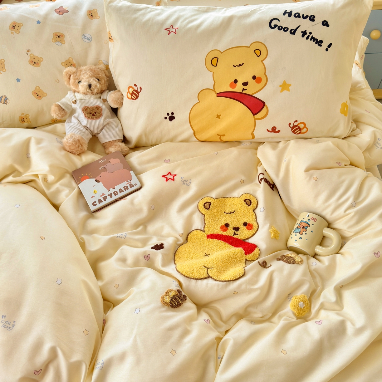 91家纺网 家纺一手货源 找家纺 乐童家纺 2026新款13370全棉纯棉毛巾绣呆萌系列四件套第二波 噗噗熊