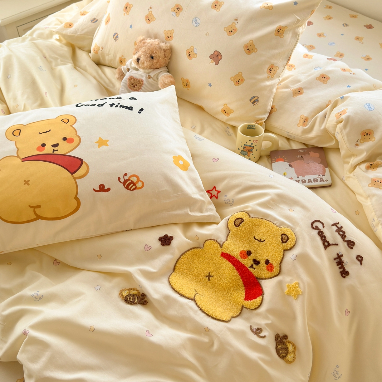 91家纺网 家纺一手货源 找家纺 乐童家纺 2026新款13370全棉纯棉毛巾绣呆萌系列四件套第二波 噗噗熊