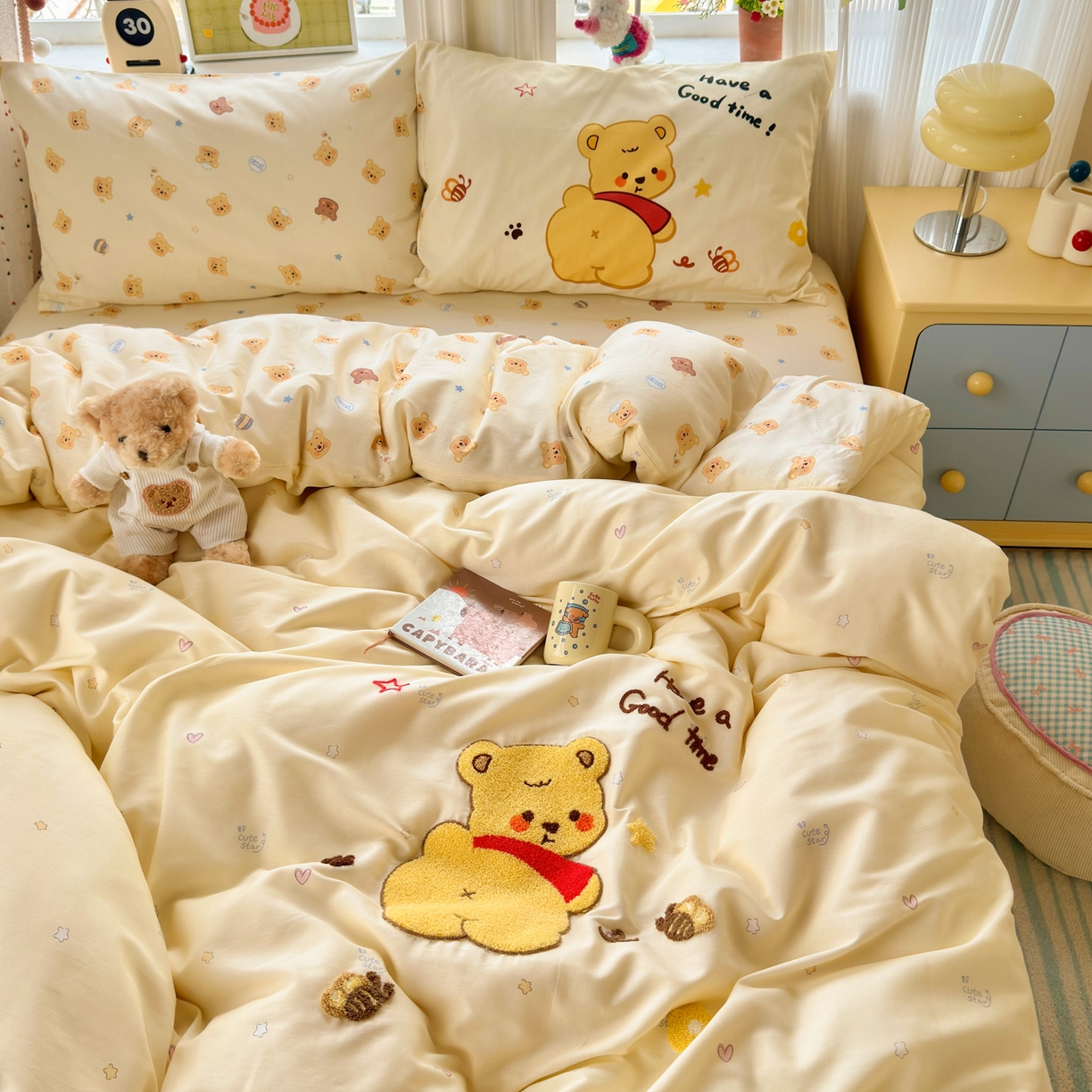 91家纺网 家纺一手货源 找家纺 乐童家纺 2026新款13370全棉纯棉毛巾绣呆萌系列四件套第二波 噗噗熊