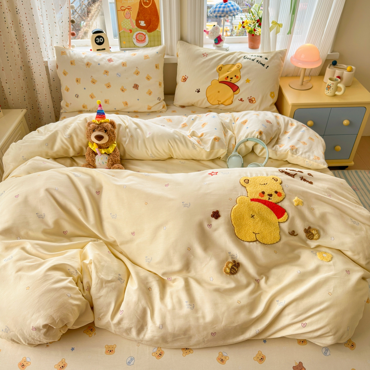 91家纺网 家纺一手货源 找家纺 乐童家纺 2026新款13370全棉纯棉毛巾绣呆萌系列四件套第二波 噗噗熊