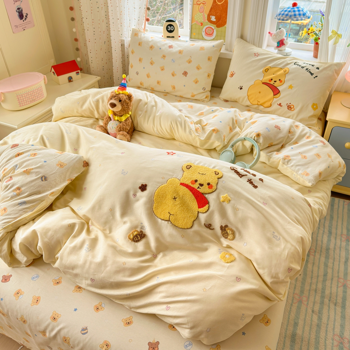 91家纺网 家纺一手货源 找家纺 乐童家纺 2026新款13370全棉纯棉毛巾绣呆萌系列四件套第二波 噗噗熊