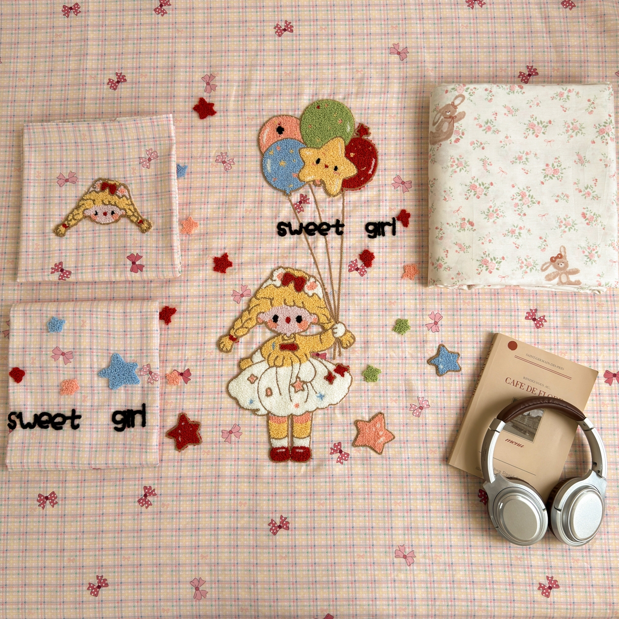 91家纺网 家纺一手货源 找家纺 乐童家纺 2026新款13370全棉纯棉毛巾绣呆萌系列四件套第二波 气球女孩