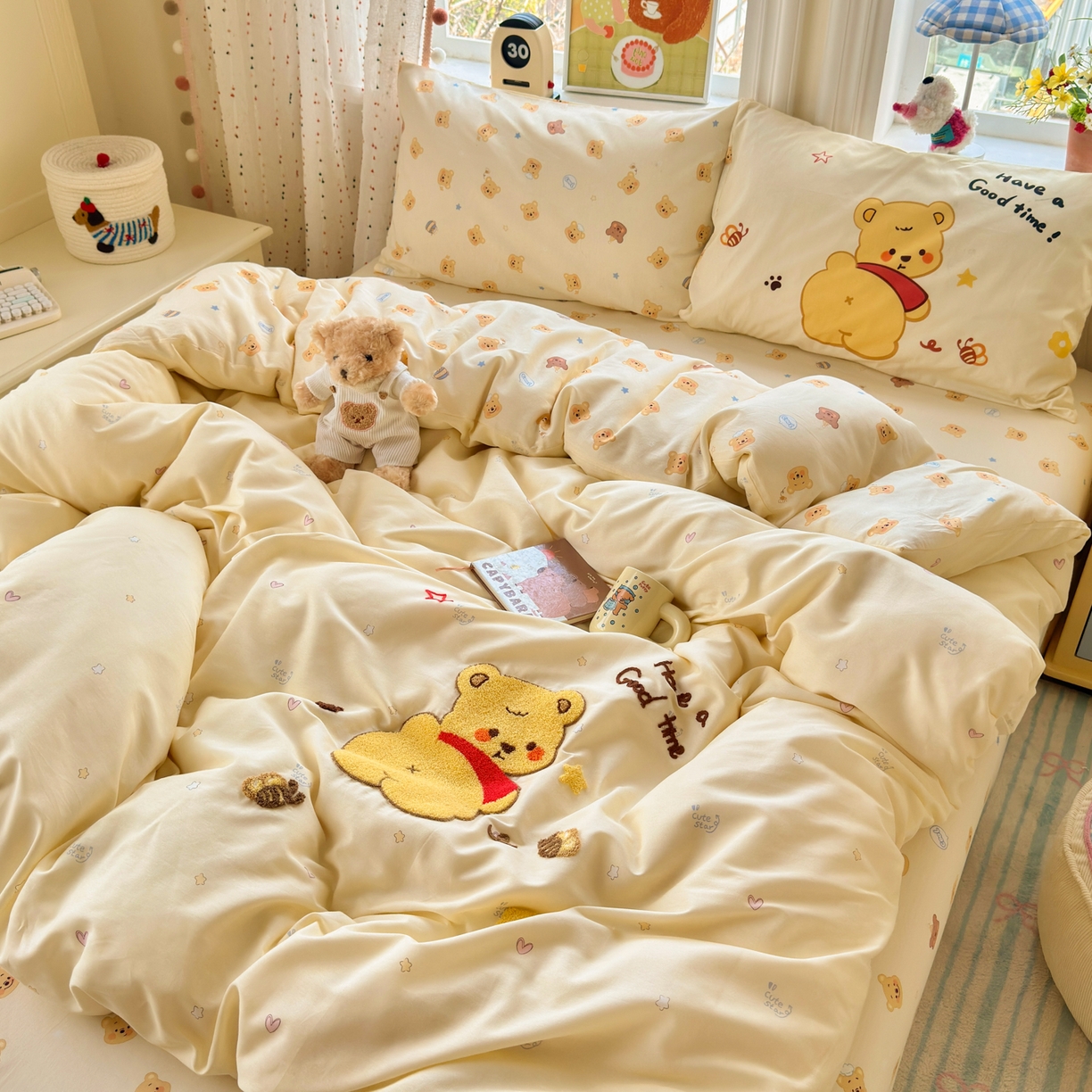 91家纺网 家纺一手货源 找家纺 乐童家纺 2026新款13370全棉纯棉毛巾绣呆萌系列四件套第二波 噗噗熊