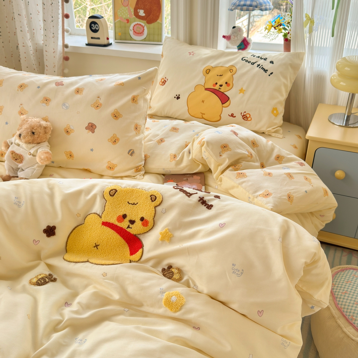 91家纺网 家纺一手货源 找家纺 乐童家纺 2026新款13370全棉纯棉毛巾绣呆萌系列四件套第二波 噗噗熊