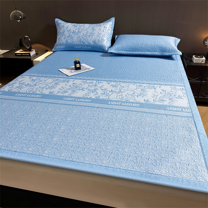 91家纺网 家纺一手货源 找家纺 慕木家纺 2026新款高端复合三明治PE乙纶提花610克冰豆豆凉席欧洛菲系列（提供买家秀） 欧洛菲-蓝床席款