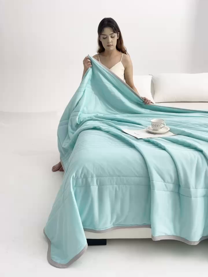 91家纺网 家纺一手货源 找家纺 天之悦家纺 2026跨境外贸可机洗水洗A类夏被冰淇淋凉感丝空调被子被芯夏凉被 湖绿色（条纹款）