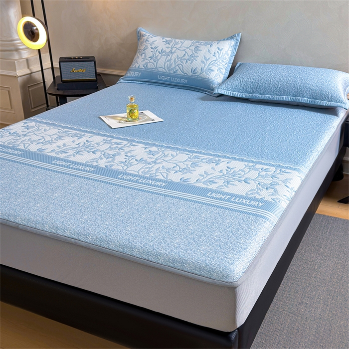 91家纺网 家纺一手货源 找家纺 慕木家纺 2026新款高端复合三明治PE乙纶提花610克冰豆豆凉席欧洛菲系列（提供买家秀） 欧洛菲-蓝床笠款